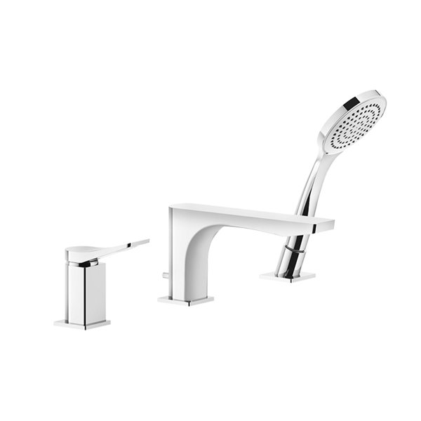 Gessi Rilievo, three-hole bath rim fitting, integrated diverter in the spout, shower hose 1.50 m without return spring, anti-limestone hand shower intrinsically safe, 59037