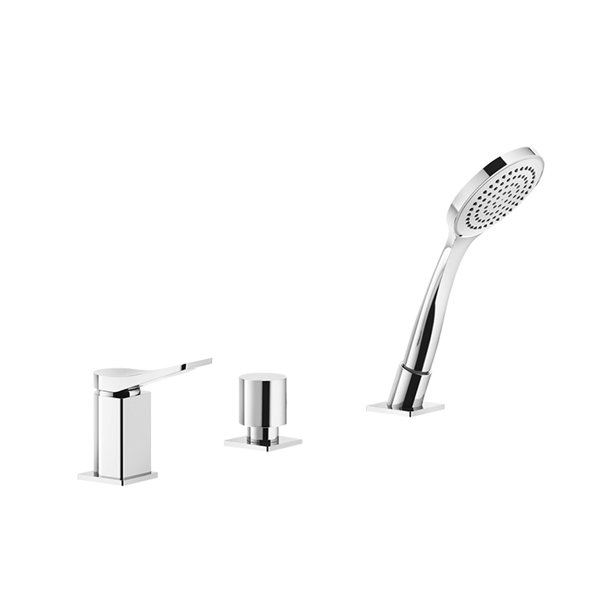 Gessi Rilievo, three-hole bath rim mixer with diverter for separate bath inlet, shower hose 1.50 m without return spring and anti-limestone hand shower intrinsically safe, 59043