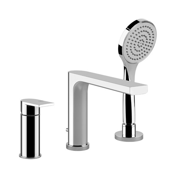 Gessi Emporio Via Manzoni three-hole bath mixer, with integrated diverter in the spout, projection 224 mm, shower hose 1.50 m and pull-out anti-limestone shower head, 38634