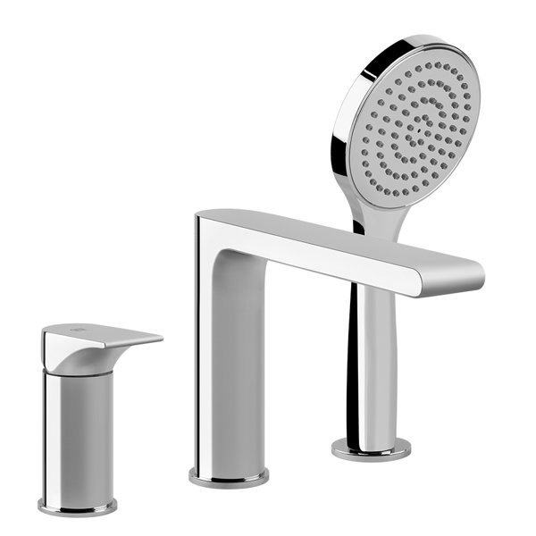 Gessi Emporio Via Solferino three-hole bath rim mixer, automatic diverter, separate bath spout, 190 mm projection, hand shower, shower hose, 49034031