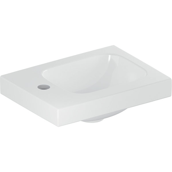 Geberit iCon Light hand-rinse basin, 38 cm x 28 cm, with tap hole on the left, without overflow, shelf on the left, 501831