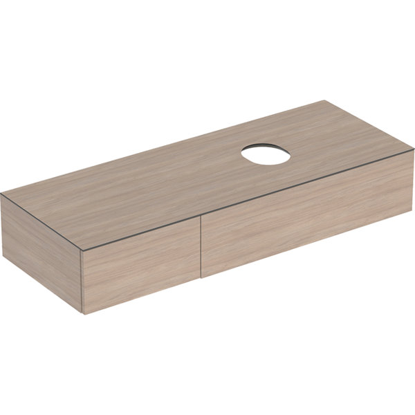 Geberit VariForm vanity unit for countertop washbasin, two drawers, storage surface, odor trap, width 135 cm, oak / melamine wood texture