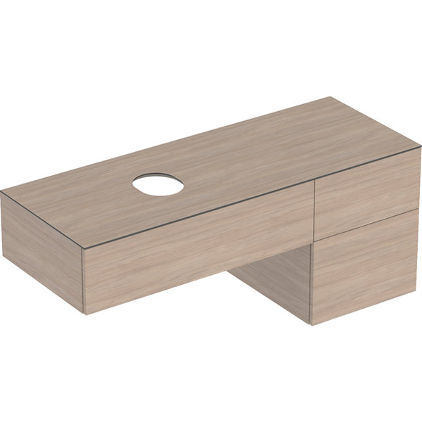 Geberit VariForm vanity unit for countertop washbasin, three drawers, storage surface, odor trap, width 135 cm, oak / melamine wood texture