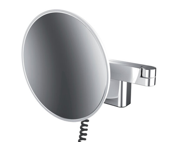 Emco LED shaving and make-up mirror, wall model, double-jointed arm, magnification 5-fold, round, spiral cable and plug.