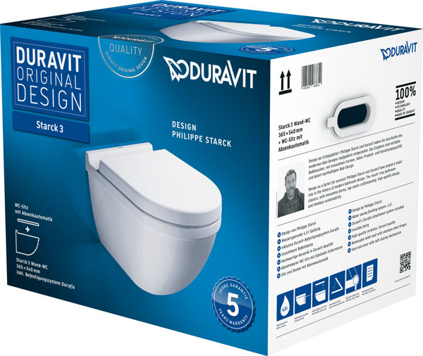 Duravit Starck 3 SET wall-mounted WC with concealed fastening incl. WC seat with soft-closing mechan...