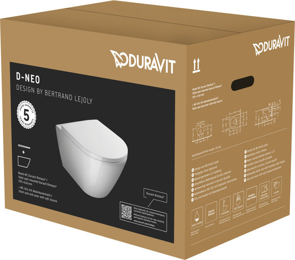 Duravit D-Neo wall-hung WC set, with wall-hung WC, concealed fastening, incl. removable WC seat, 457...