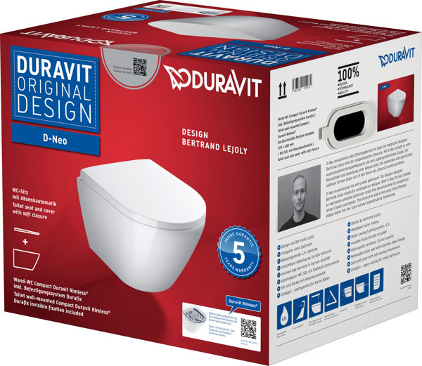 Duravit D-Neo wall-hung WC set, with wall-hung WC Compact, concealed fastening, incl. removable WC s...