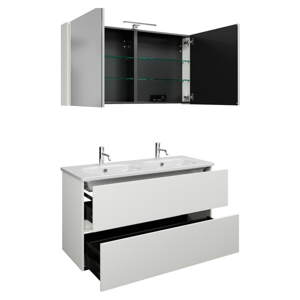 Burgbad Rocio set comprising mirror cabinet with LED light, double washbasin and vanity unit, width ...