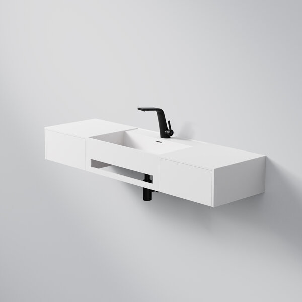 Steinberg Series 443 wall-mounted washbasin, 2 drawers, with towel rail, 1400x400x200mm, 1 tap hole, with overflow, SolidSurface, 4437240W