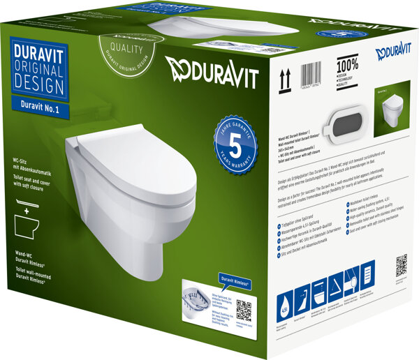 Duravit No.1 wall-hung WC set Compact, incl. WC seat, 365x480mm, white high-gloss, 45750900A1