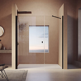 Hüppe SolvaPro pivot door with side panel in recess, made to measure, Li. mounting, w.:70-120cm, h....